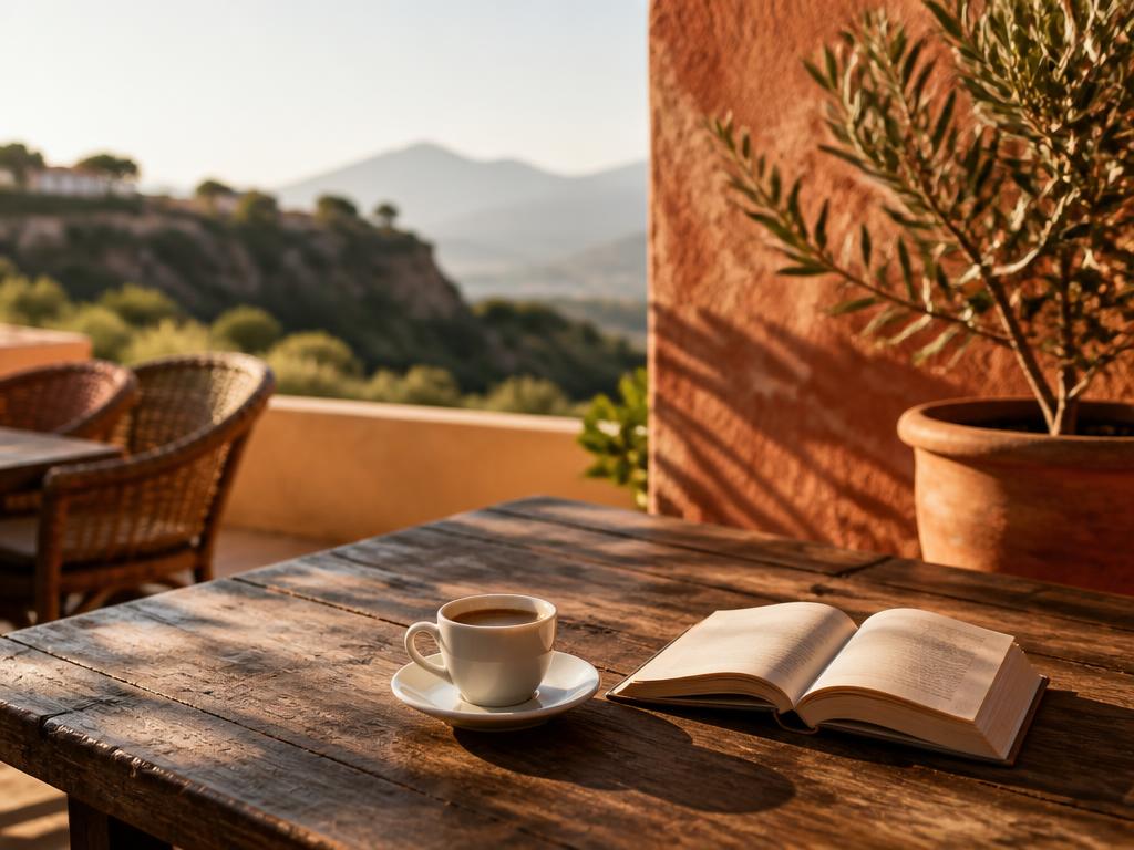 Zonnig terras in Spanje met een koffie en een open taalgidsje
